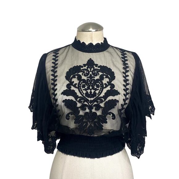 Sheer Floral Embroidered Flowy Whimsygoth Butterfuly Sleeve Top - Picture 1 of 11